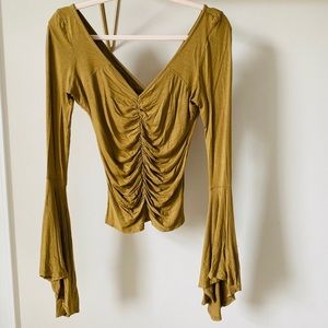FP Mustard Ruched Bell Sleeve Top